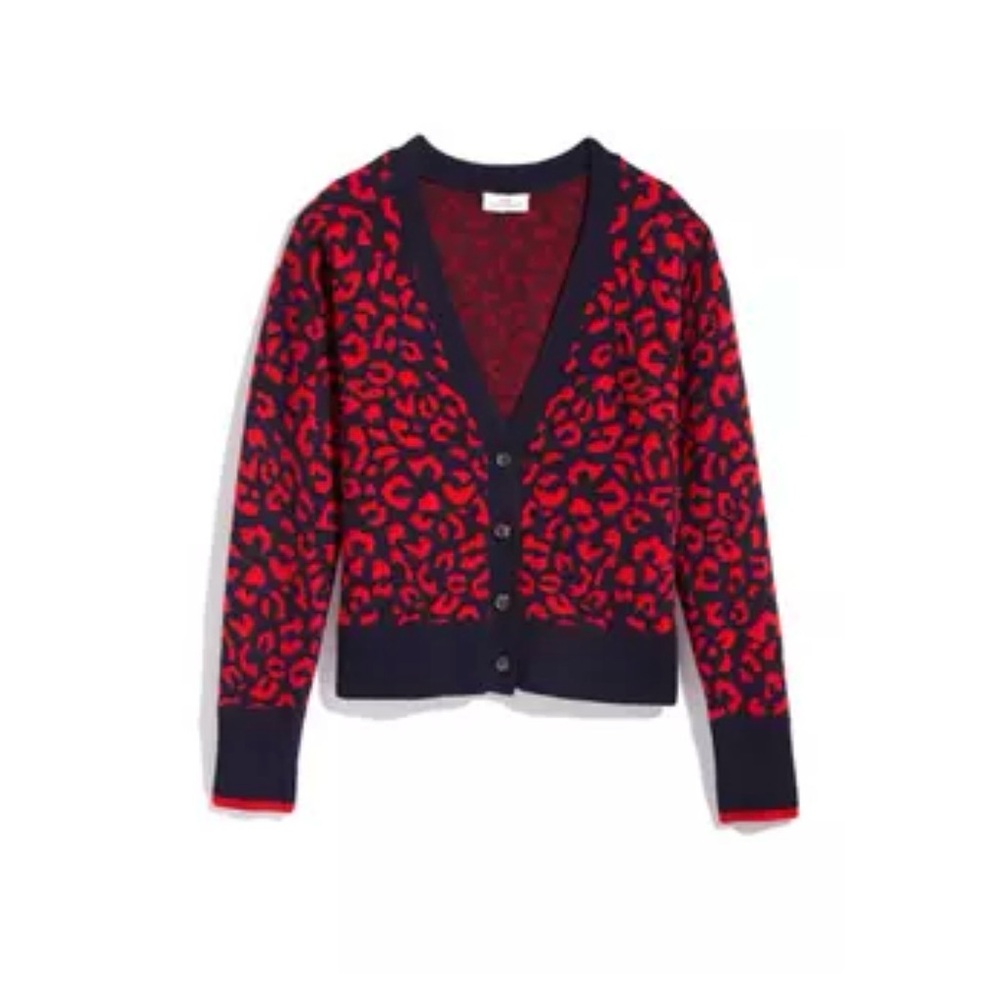 Vineyard Vines Red and Navy Blue Leopard Print Cardigan Sweater Size XS
